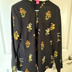 Catherine Malandrino Floral Zip Front Blouse | Size XL | Black Long Sleeve Top